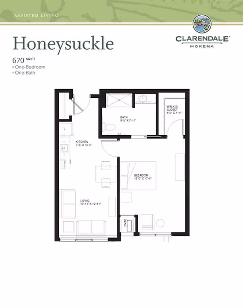 Floor plan of a one-bedroom, one-bath assisted living apartment named Honeysuckle at Clarendale of Mokena, showing a living room, kitchen, bedroom, bathroom, and walk-in closet with dimensions.