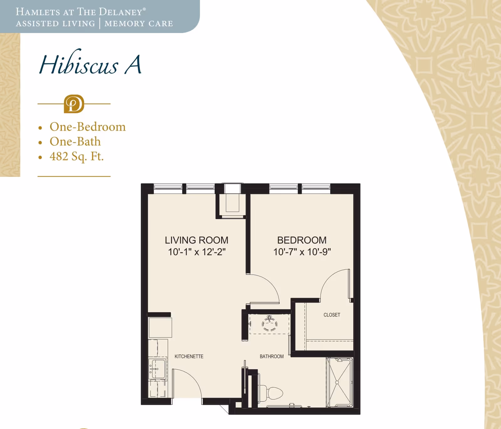 Floor plan of Hibiscus A unit at Hamlets at The Delaney assisted living and memory care. The layout includes a living room measuring 10 feet 1 inch by 12 feet 2 inches, a bedroom measuring 10 feet 7 inches by 10 feet 9 inches with a closet, a bathroom, and a kitchenette. The unit is one-bedroom, one-bath, and totals 482 square feet.