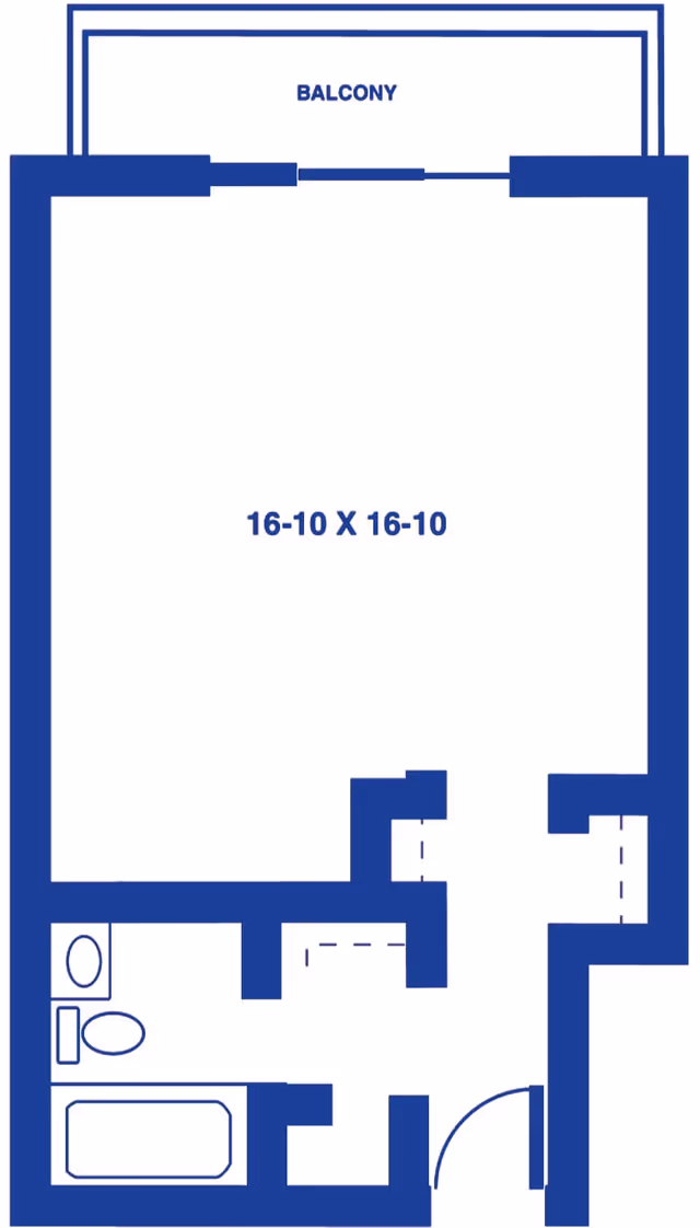 Blue-and-white floor plan of a studio layout showing a 16-10 x 16-10 main room with a balcony, bathroom, and entryway.