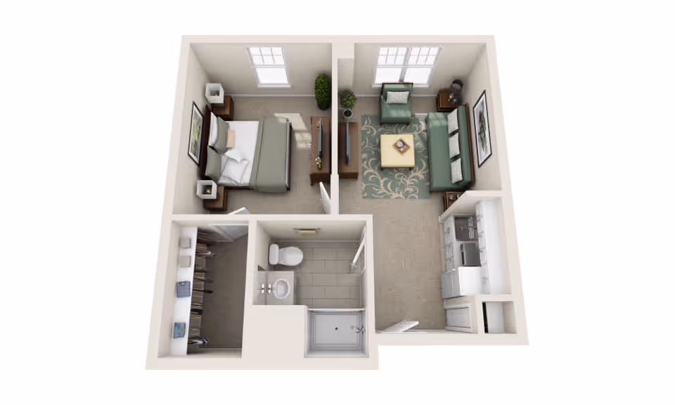 3D floor plan of a small apartment unit showing a bedroom with a bed and nightstands, a walk-in closet, a bathroom with a shower, toilet, and sink, a living room with a sofa, armchair, coffee table, TV, and a kitchen area with appliances and cabinets.