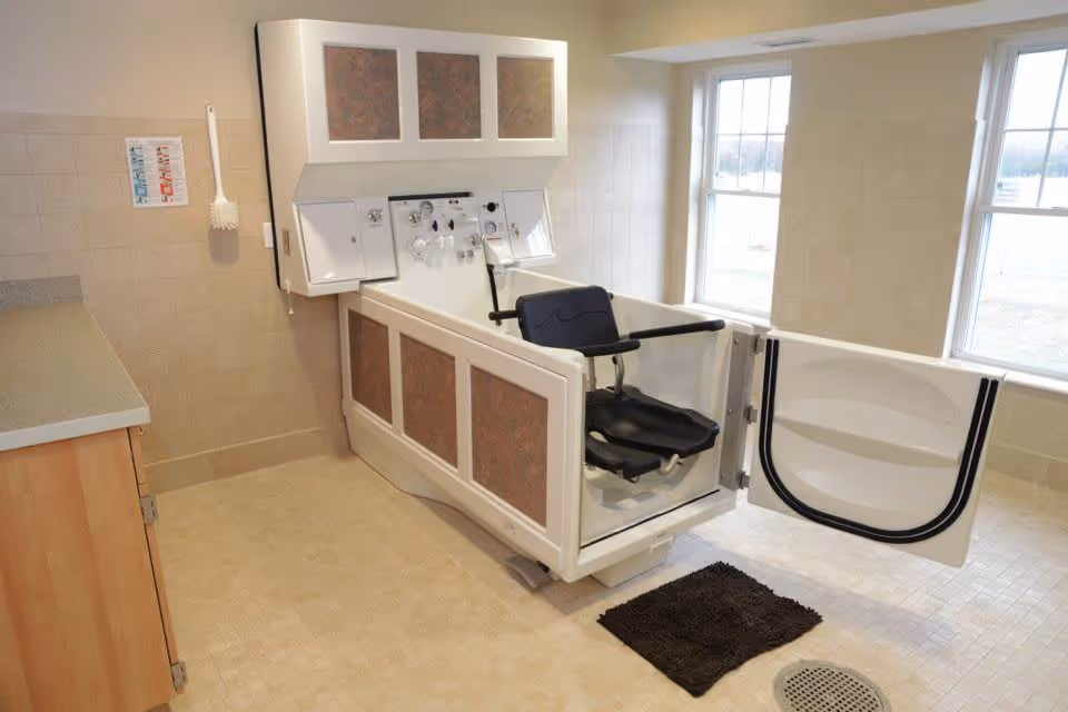 Accessible walk-in bathing tub with a swivel chair installed in a tiled room with windows.