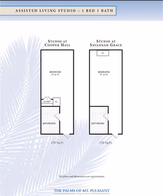 Two black-and-white assisted living studio floor plans labeled 'Studio at Cooper Hall' and 'Studio at Savannah Grace' over a palm-leaf background with the facility name.
