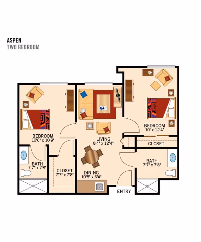 Floor plan of a two-bedroom apartment named Aspen, showing two bedrooms, two bathrooms, a living room, dining area, closets, and an entryway with furniture layout and room dimensions.