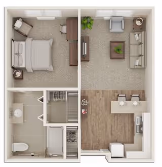 Top-down view of a one-bedroom apartment layout showing a bedroom with a bed, nightstand, chair, and dresser; a living room with a sofa, armchair, coffee table, and TV stand; a kitchen with a counter, stools, refrigerator, and stove; and a bathroom with a toilet, sink, and shower.