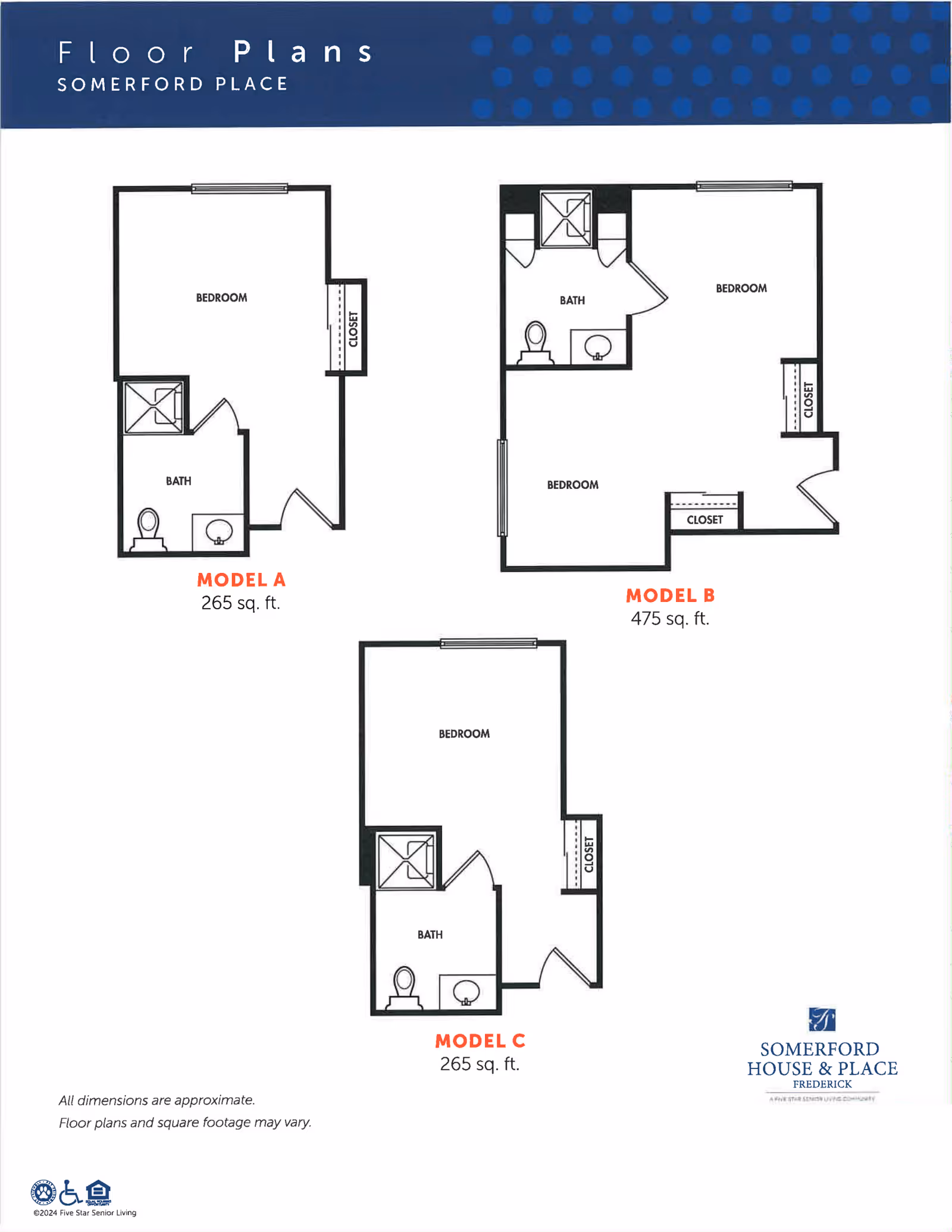 Floor plans for Somerford Place showing three models: Model A with one bedroom and one bath at 265 sq. ft., Model B with two bedrooms and one bath at 475 sq. ft., and Model C with one bedroom and one bath at 265 sq. ft. Each plan includes closet spaces and bathroom layouts.