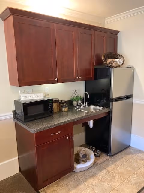 Small kitchenette area with dark wood cabinets, a microwave on the countertop, a small sink, and a stainless steel refrigerator. A cat is resting in a round pet bed on the floor beneath the counter. There are some decorative items on the counter and on top of the refrigerator.