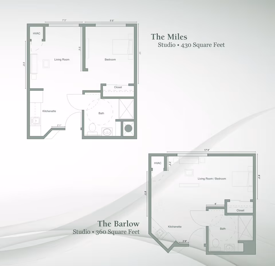 Architectural floor plans for two studio apartments at Legacy House Assisted Living of Ogden. The Miles studio is 430 square feet with separate living room, bedroom, kitchenette, bath, and closet. The Barlow studio is 360 square feet with combined living room and bedroom, kitchenette, bath, and closet.