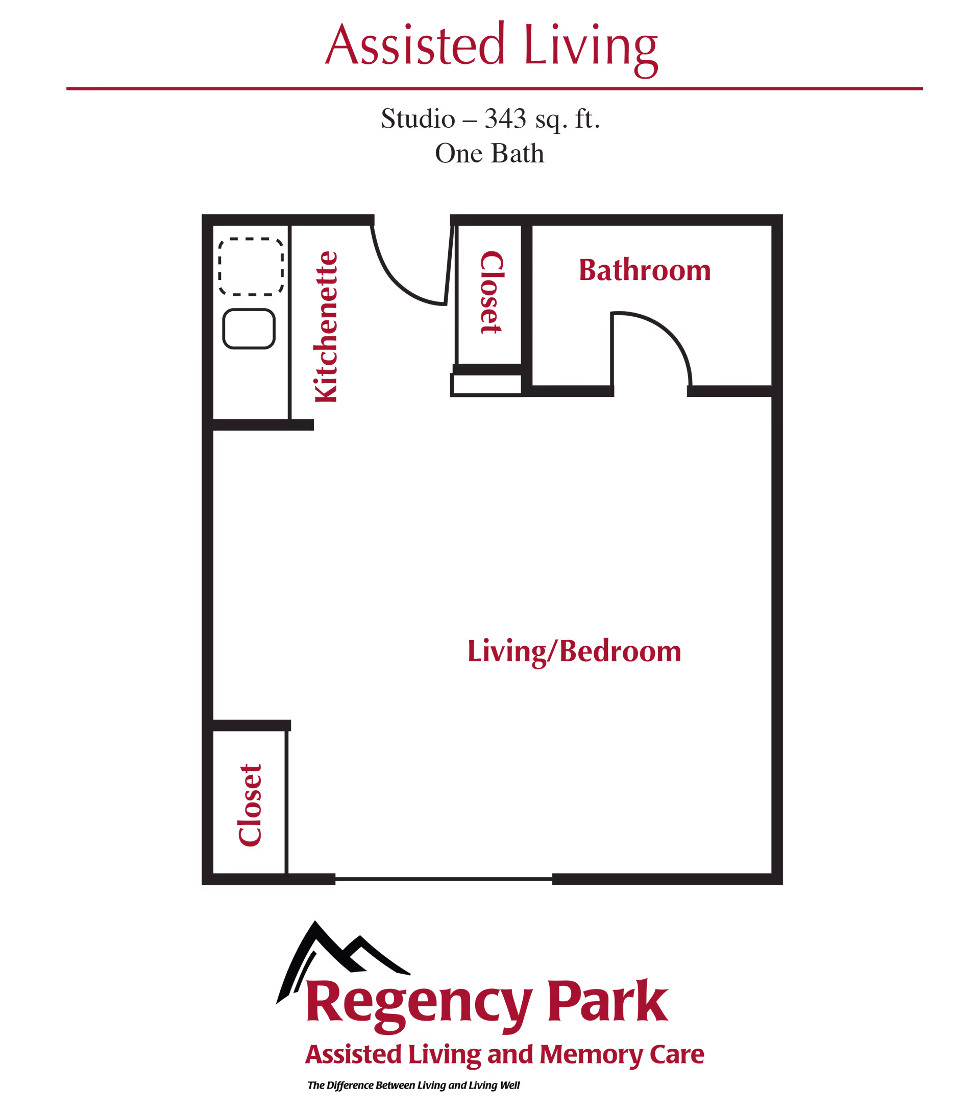 Floor plan of a studio assisted living unit at Regency Park, showing a kitchenette, two closets, a bathroom, and a combined living/bedroom area, totaling 343 square feet with one bath.
