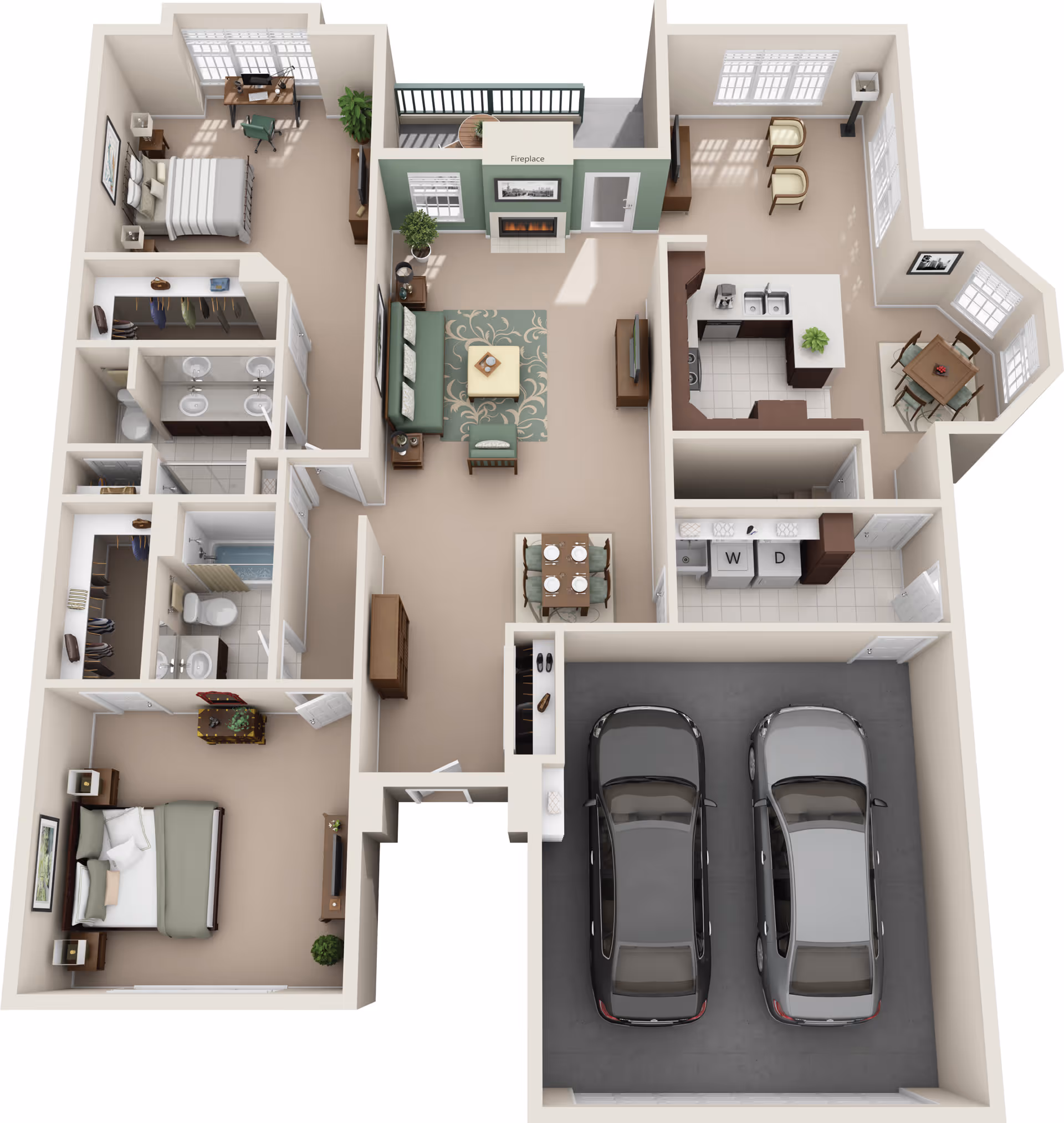 3D floor plan of a residential unit featuring two bedrooms, two bathrooms, a living room with fireplace, a dining area, a kitchen with an adjacent breakfast nook, a laundry room with washer and dryer, and a two-car garage.
