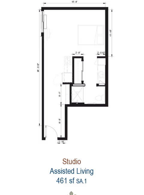 Architectural floor plan of a studio assisted living unit showing a bed area, kitchenette, bathroom and entry on a black background labeled "Studio Assisted Living 461 sf".