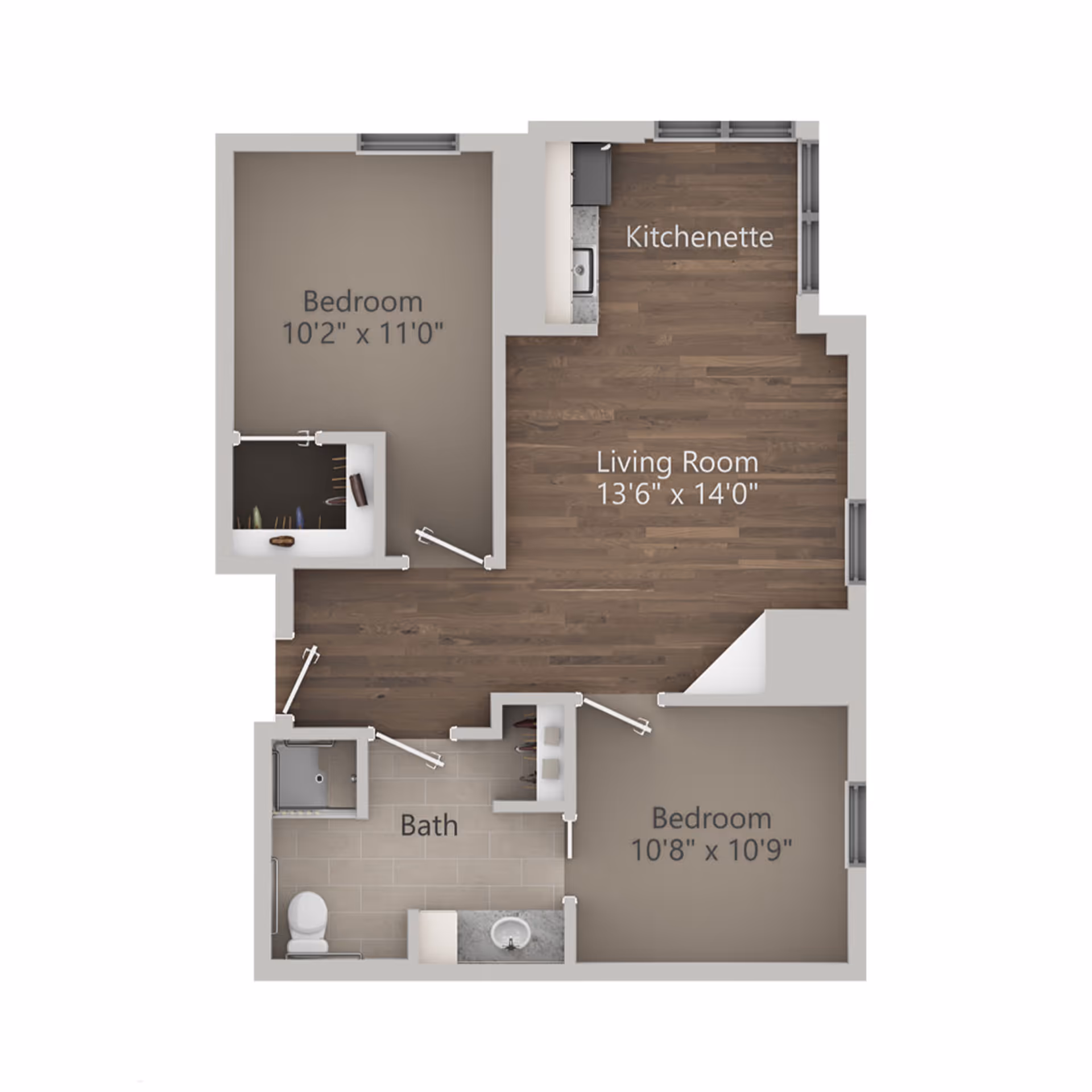 Floor plan of a senior living apartment at The Ridglea Senior Living showing two bedrooms, a bath, a kitchenette, and a living room with dimensions labeled.