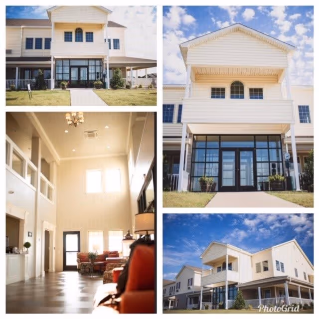 Collage of four images showing the exterior and interior of a senior living facility named Belfair of McAlester. The exterior images show a large, light-colored building with multiple windows, a covered entrance, and a clear blue sky. The interior image shows a spacious, well-lit common area with high ceilings, large windows, and comfortable seating.