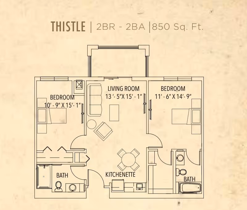 Floor plan of a two-bedroom, two-bathroom apartment named Thistle with 850 square feet. The layout includes a living room, kitchenette, two bedrooms, and two bathrooms.