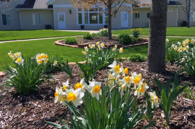 Yellow and white daffodils in mulched beds and a tree in front of a lawn with the entrance of a senior living building visible in the background.