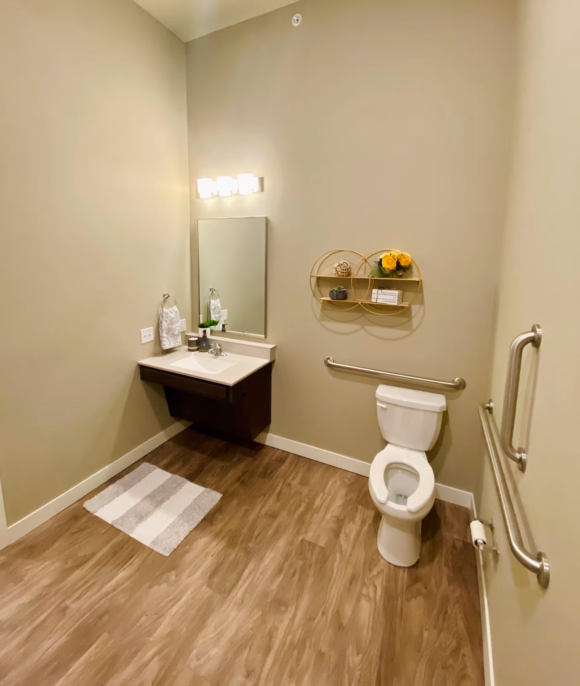 Accessible bathroom with a wall-mounted sink and mirror, toilet with grab bars, decorative shelving and a striped rug on wood-look flooring.