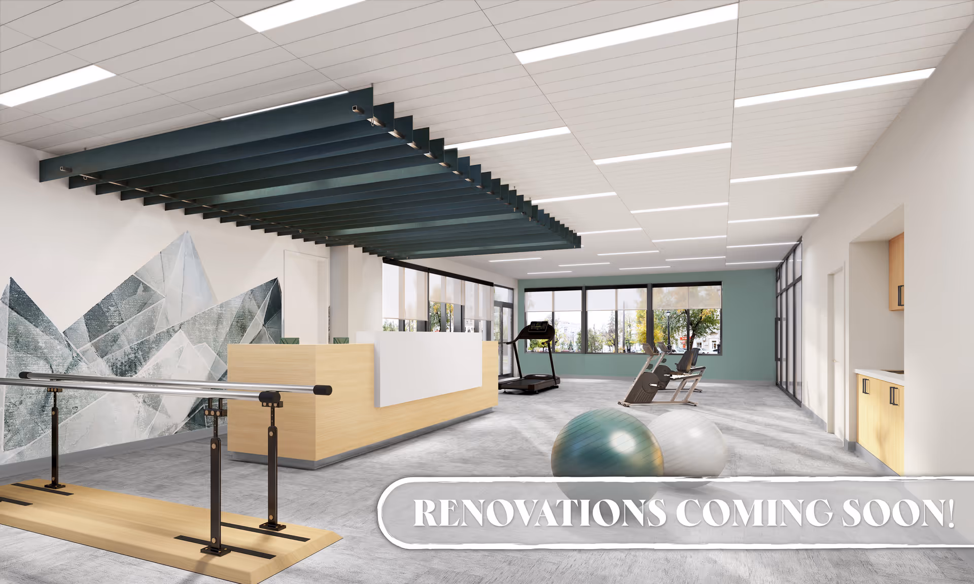 A modern rehabilitation and healthcare center room with exercise equipment including a treadmill, stationary bikes, and two large exercise balls. There is a wooden parallel bar setup for physical therapy, a reception desk, and large windows letting in natural light. The room has a clean, bright design with a geometric wall mural and a ceiling feature with dark beams. Text overlay at the bottom reads 'RENOVATIONS COMING SOON!'