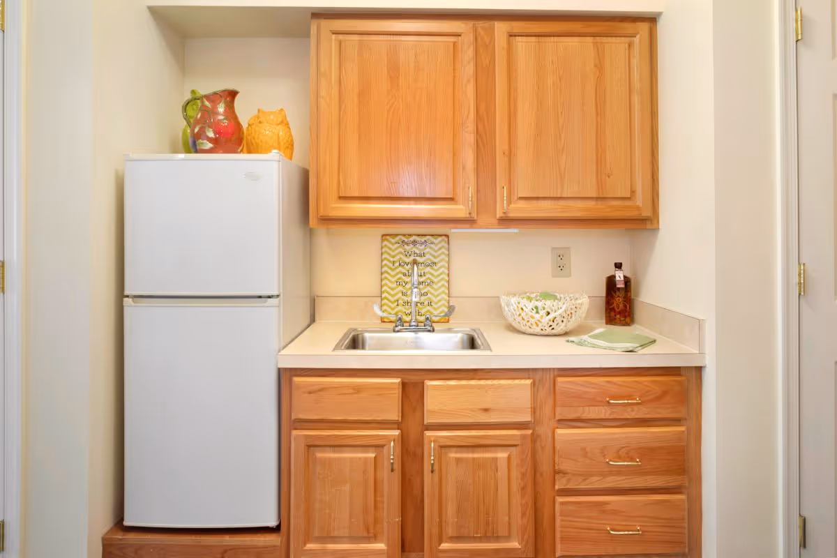 Small kitchenette with a white refrigerator, oak cabinets, a sink, and decorative items on the countertop.