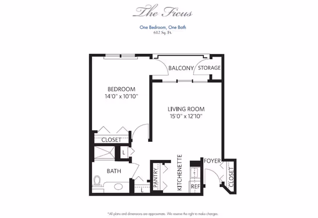 Floor plan titled The Ficus showing a one-bedroom, one-bath apartment with 612 square feet. The layout includes a bedroom measuring 14 feet by 10 feet 10 inches, a living room measuring 15 feet by 12 feet 10 inches, a balcony with storage, a bathroom, a closet, a pantry, a kitchenette with a refrigerator, and a foyer with an additional closet.