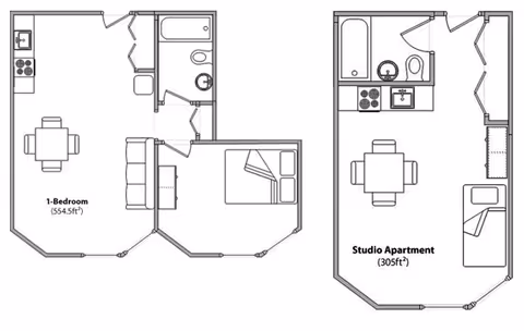 Black-and-white schematic floor plans showing a one-bedroom unit (554.5 ft²) and a studio apartment (305 ft²) with labeled rooms and simple furniture layouts.