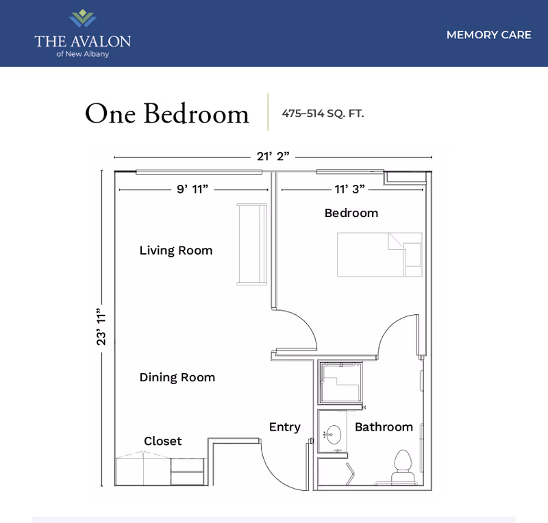 Floor plan of a memory care unit at The Avalon of New Albany showing a living room, dining room, bedroom, bathroom, closet, and entry area with dimensions.