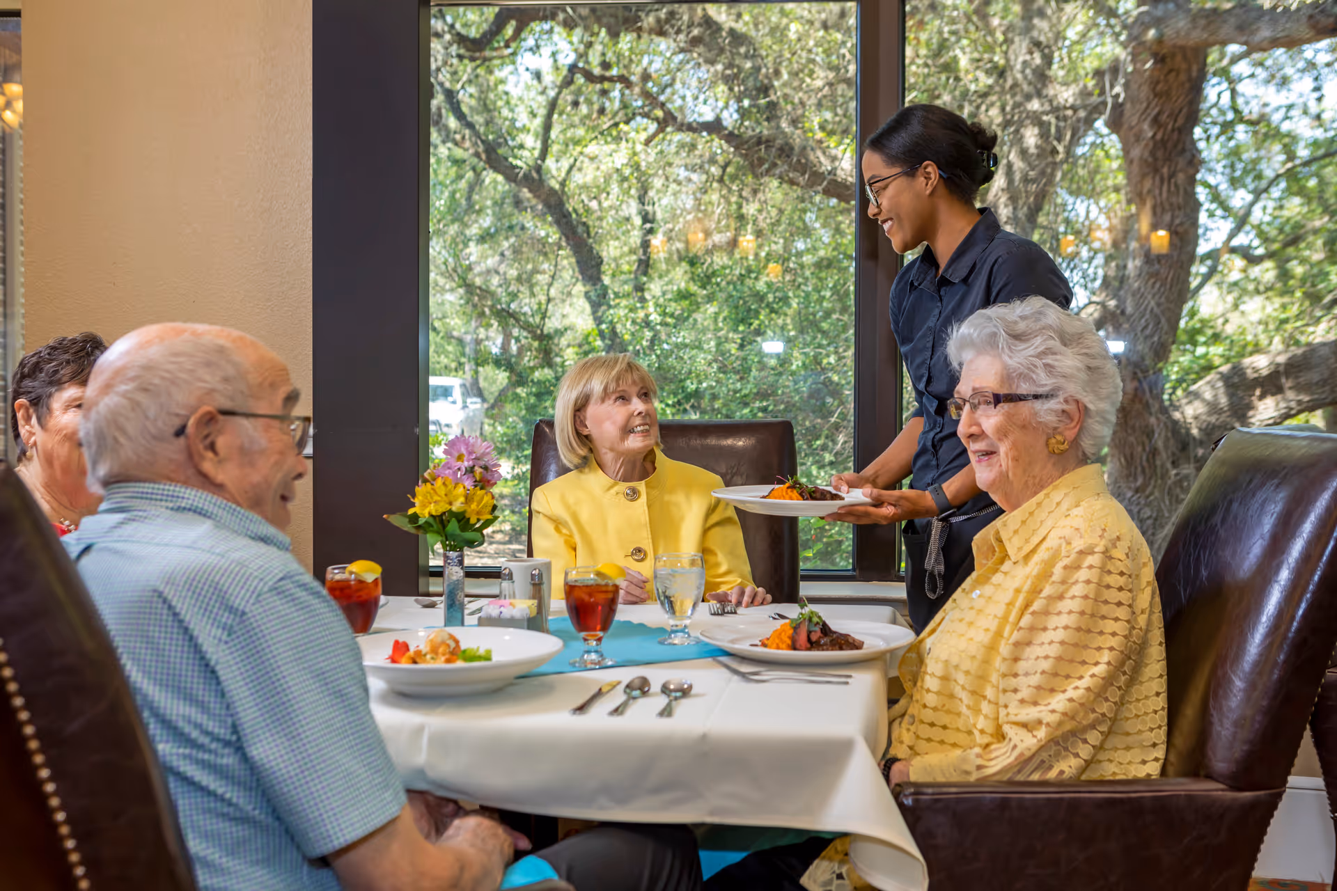 Senior residents seated at a dining table are being served a meal by a smiling staff member in a bright dining room with a large window.