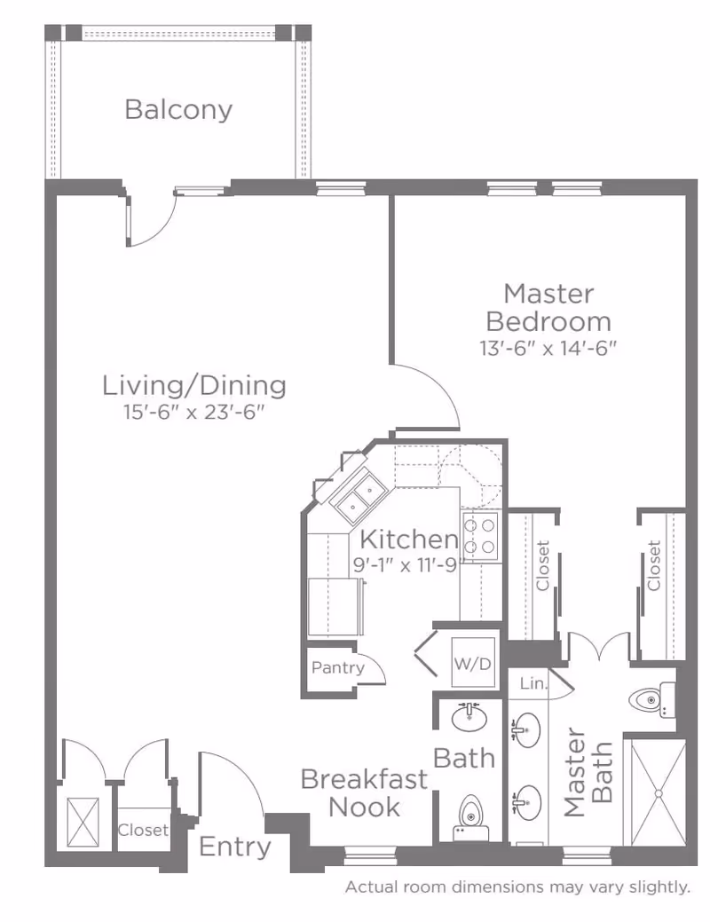 Floor plan of a residential unit at La Posada showing a balcony, living/dining area, master bedroom with two closets, kitchen with pantry, breakfast nook, bath, master bath with double sinks, and entry with closet.