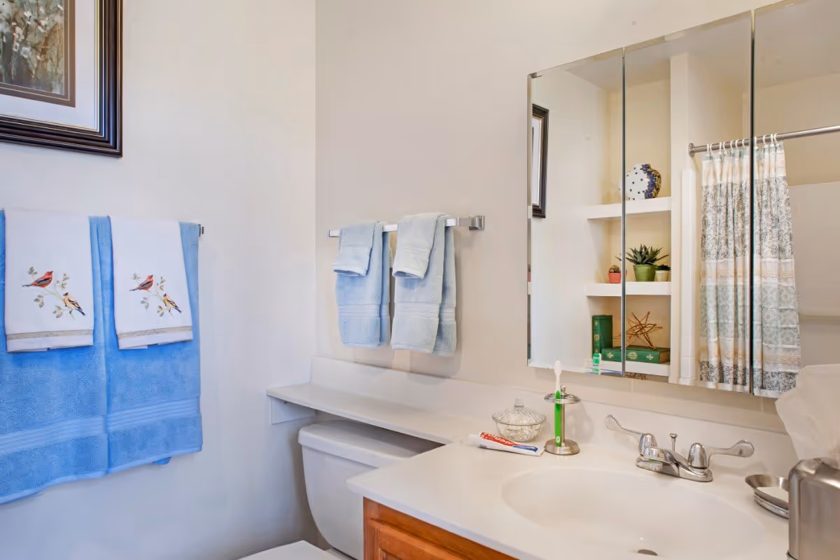 A clean bathroom with a white countertop and sink, a silver faucet, and a mirrored medicine cabinet above. There are blue towels hanging on towel racks, a toothbrush and toothpaste on the counter, and decorative items on shelves reflected in the mirror. A shower curtain with a patterned design is partially visible.