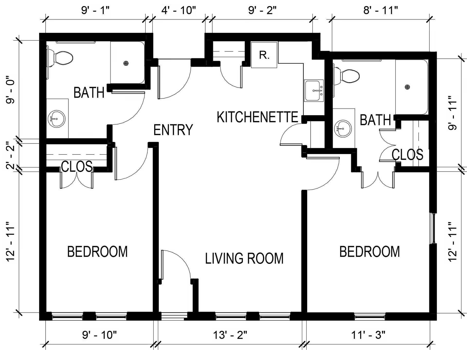 Architectural floor plan of a living unit at The Phoenix at Union Hill showing two bedrooms, two bathrooms, a kitchenette, an entry area, and a living room with dimensions labeled.
