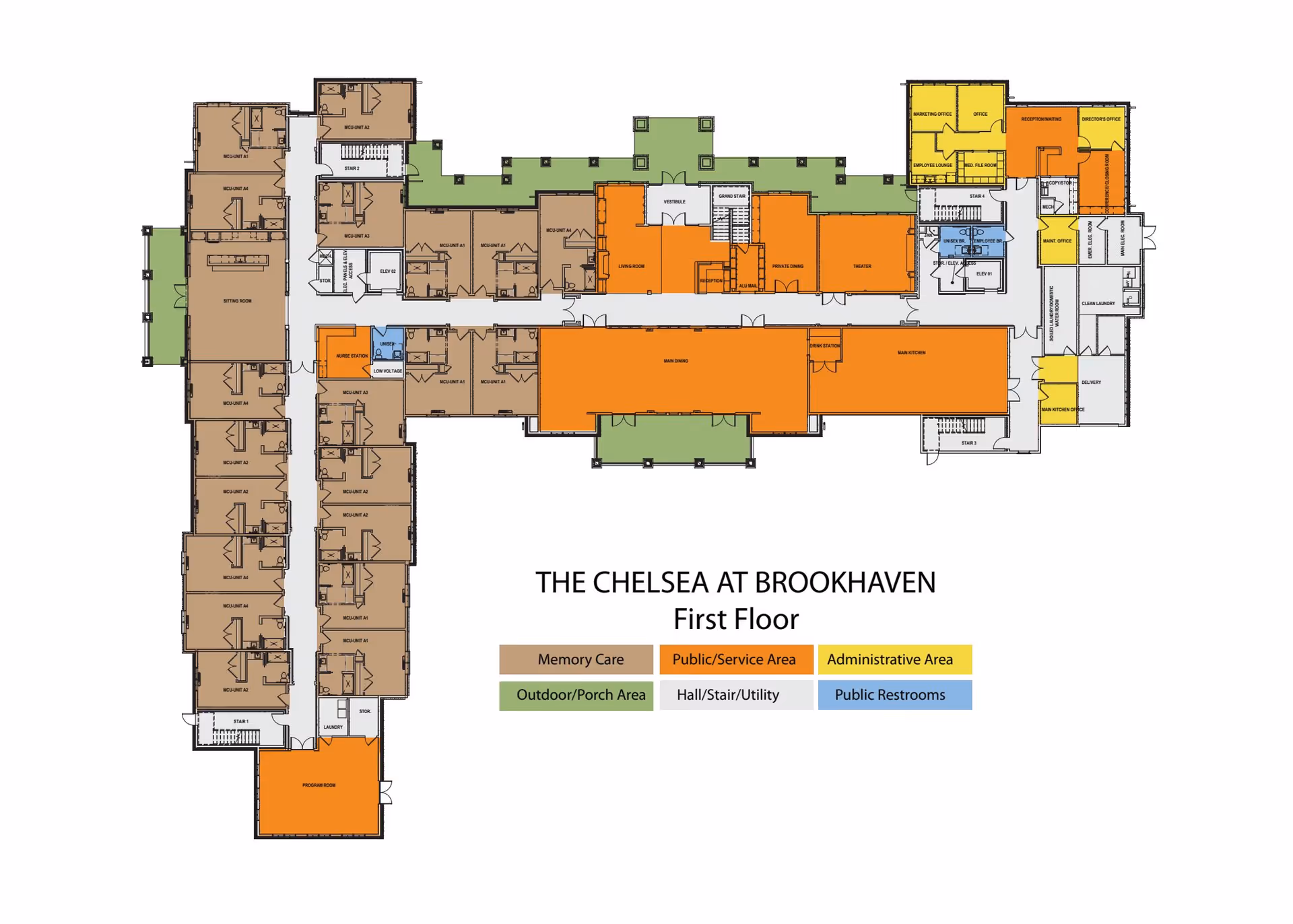 Floor plan of the first floor of The Chelsea at Brookhaven senior living facility, showing various color-coded areas including Memory Care, Public/Service Area, Administrative Area, Outdoor/Porch Area, Hall/Stair/Utility, and Public Restrooms. The layout includes rooms labeled as resident rooms, sitting room, dining areas, kitchen, administrative offices, and other service areas.