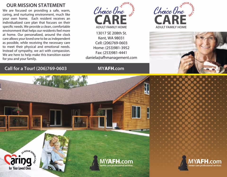 Brochure image showing the mission statement of a senior care facility, contact information for Choice One Care Adult Family Home, a smiling elderly woman eating cake, an exterior view of a wooden senior care home building with a green lawn, and logos for Caripg and MYAFH.com senior care professional services.