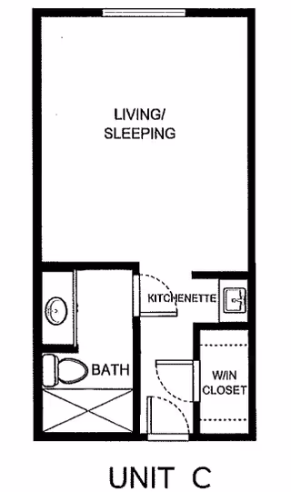 Floor plan of Unit C at Kamlu Retirement Inn-Vancouver showing a combined living and sleeping area, a kitchenette, a bathroom with a toilet and bathtub, and a walk-in closet.