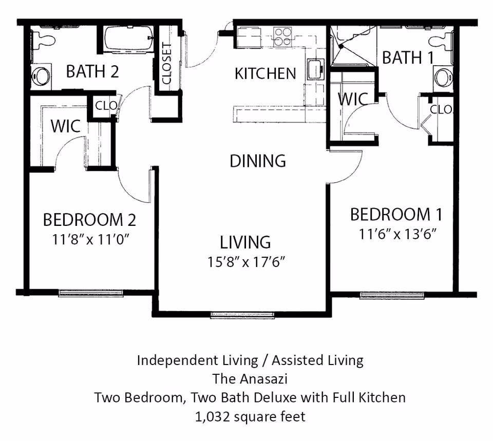 Floor plan of a two-bedroom, two-bath deluxe apartment named The Anasazi, featuring a full kitchen, dining area, living room, two walk-in closets, and two bathrooms. The layout includes dimensions for the living room and bedrooms.