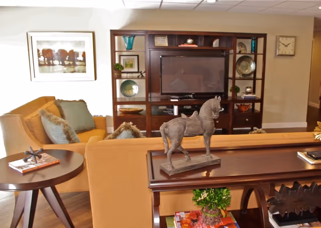 A cozy living room with a mustard yellow sofa and a matching armchair with green and patterned throw pillows. A dark wooden entertainment center with a flat-screen TV and decorative items is against the wall. A wooden console table behind the sofa holds a horse statue and some books. The room has warm lighting and a framed landscape painting on the wall.
