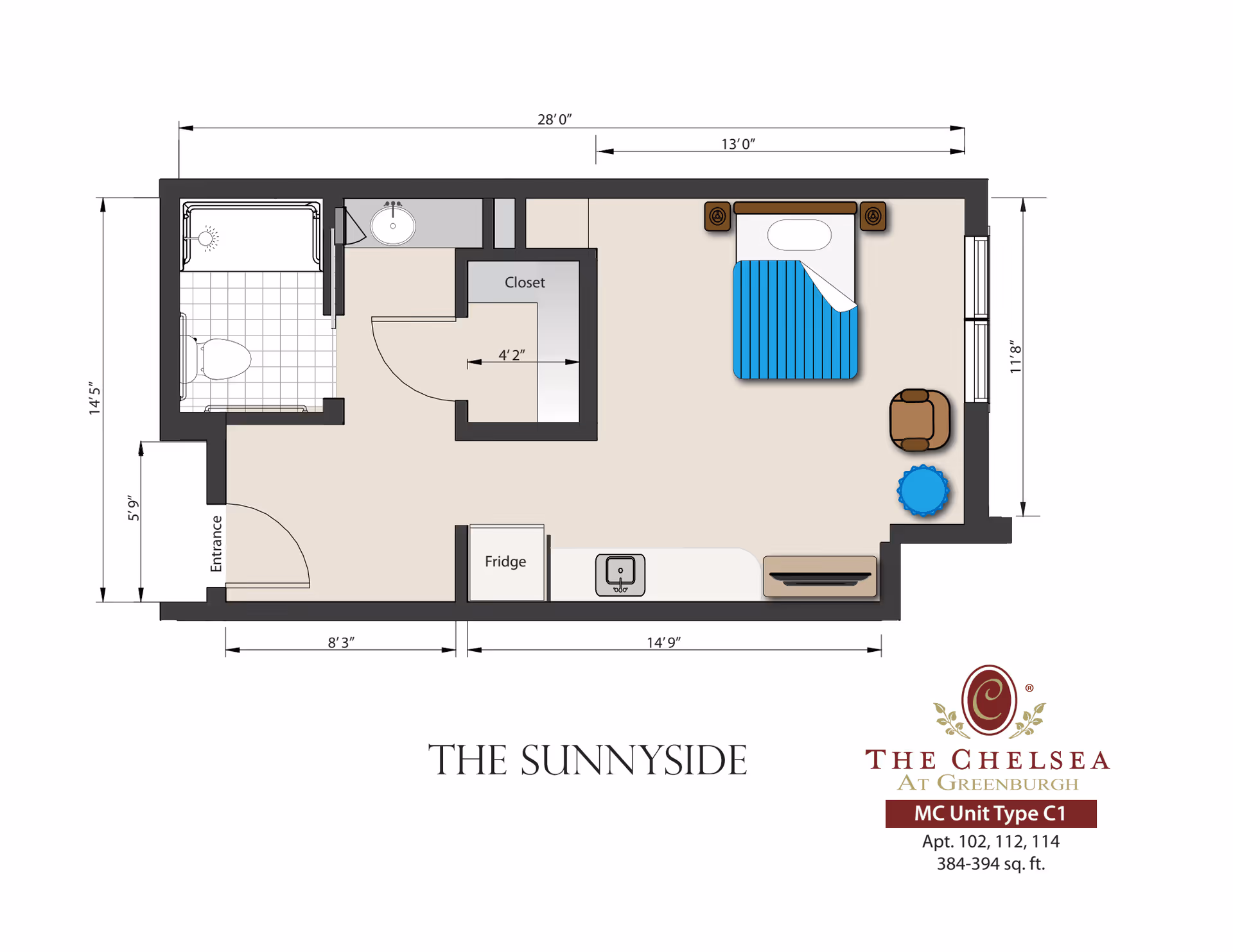Floor plan of a studio apartment named The Sunnyside at The Chelsea at Greenburgh, showing an entrance leading to a combined living and sleeping area with a bed, chair, and small table. The layout includes a kitchen area with a fridge and sink, a closet, and a bathroom with a shower, toilet, and sink. Dimensions of the rooms and spaces are marked.