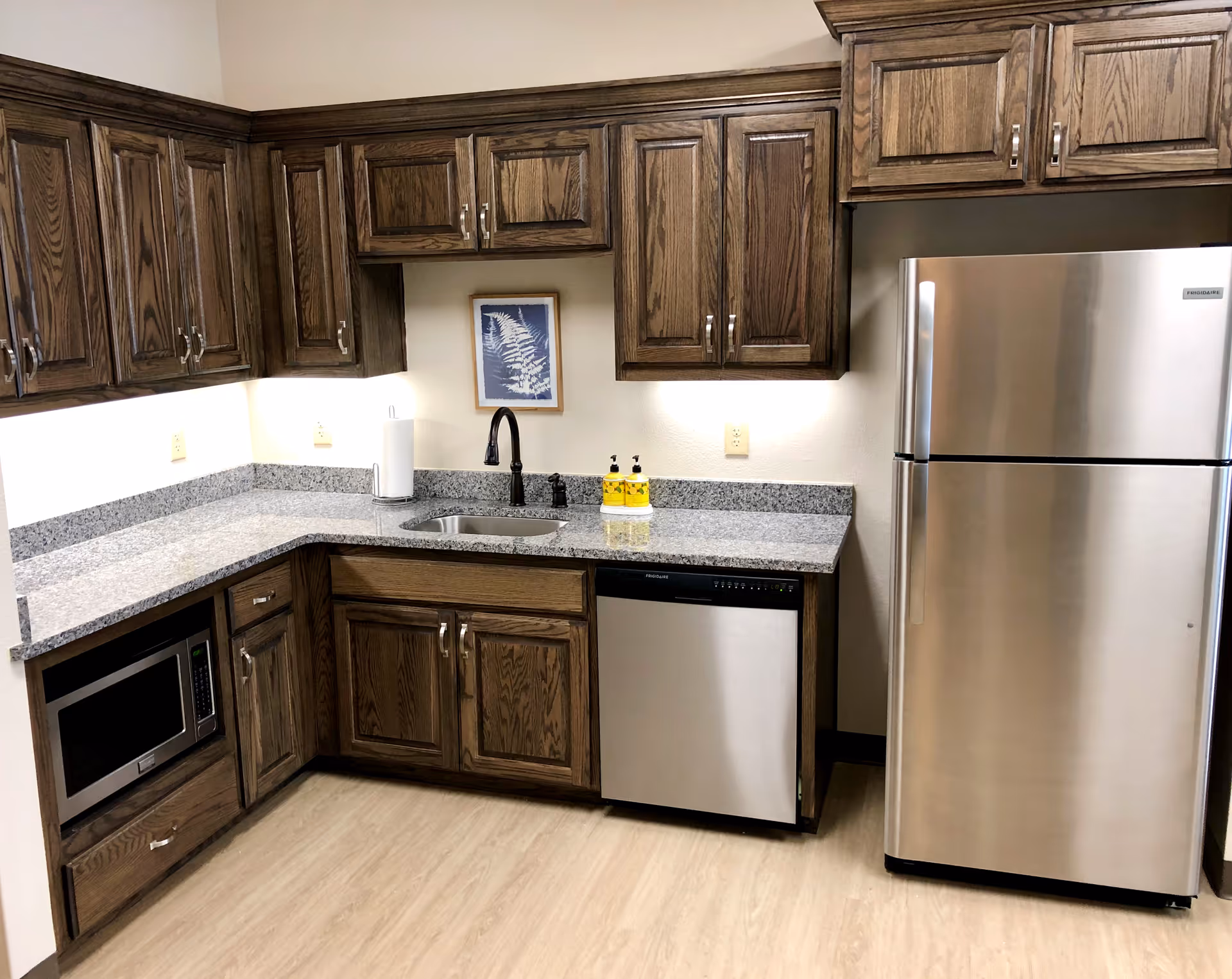 A kitchen area with wooden cabinets, a granite countertop, a stainless steel refrigerator, a built-in microwave, a dishwasher, and a sink with a black faucet. There is a paper towel holder and two bottles of soap on the counter, and a framed picture of a fern on the wall above the sink.