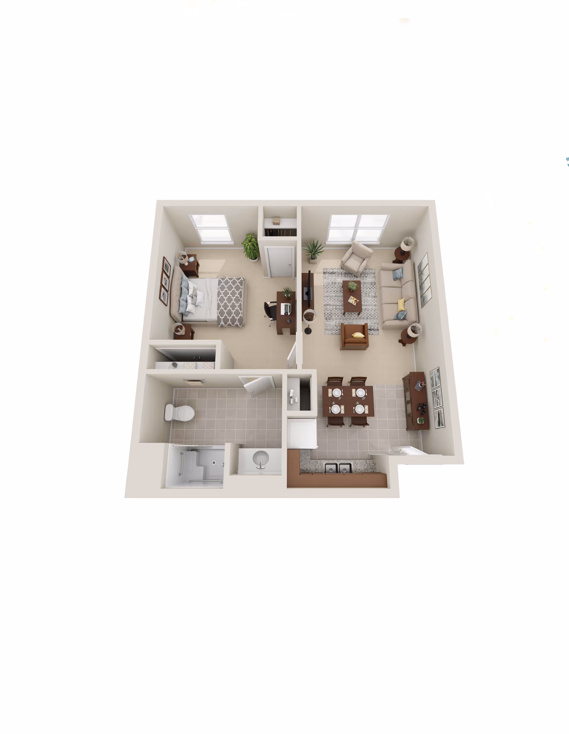 3D floor plan of a one-bedroom apartment featuring a bedroom with a bed and desk, a bathroom with a shower and toilet, a living room with a sofa, armchair, coffee table, and TV, and a dining area with a table and four chairs adjacent to a kitchen with a sink and counter space.