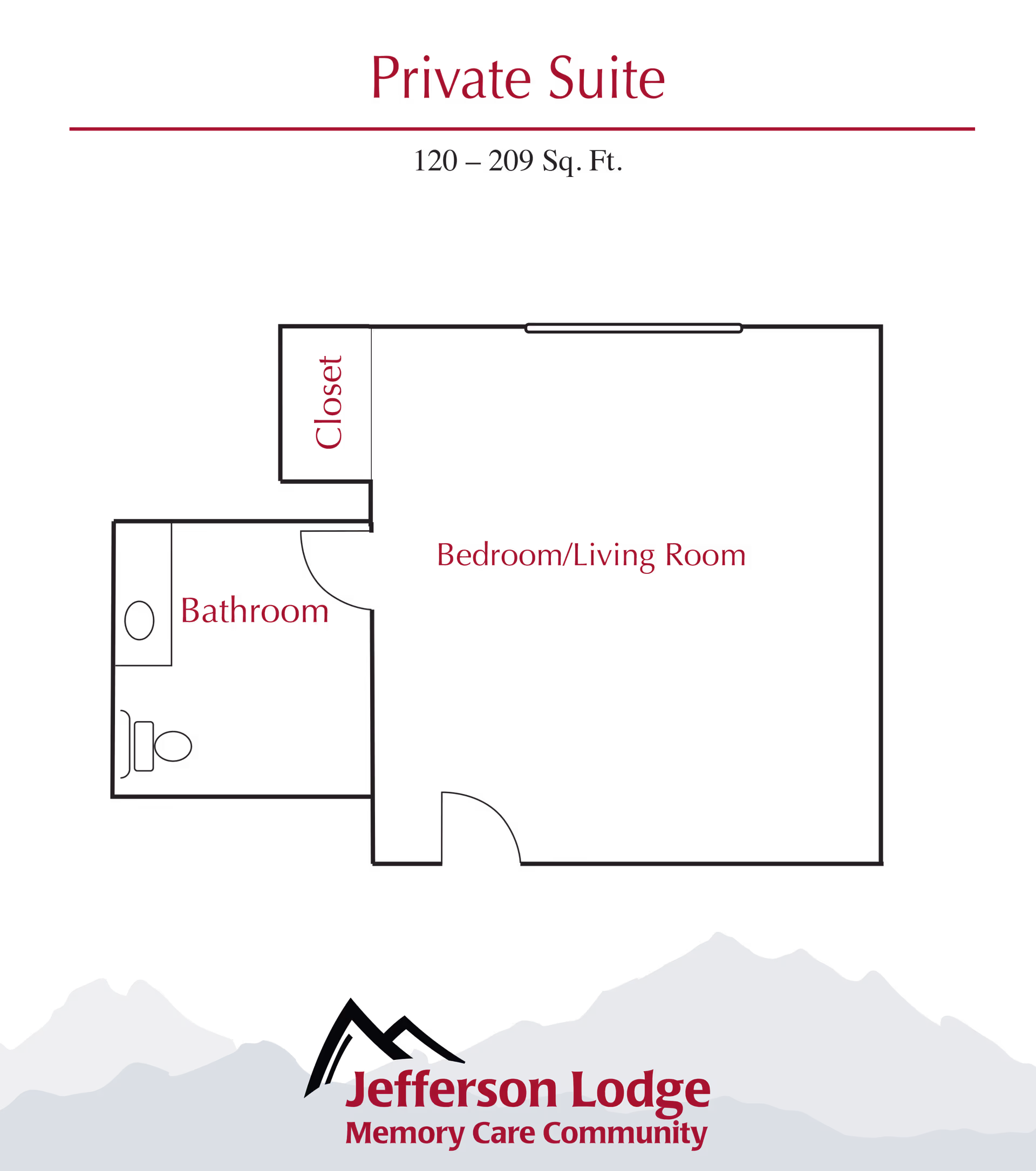 Floor plan of a private suite showing a bedroom/living room, a bathroom, and a closet with Jefferson Lodge branding.