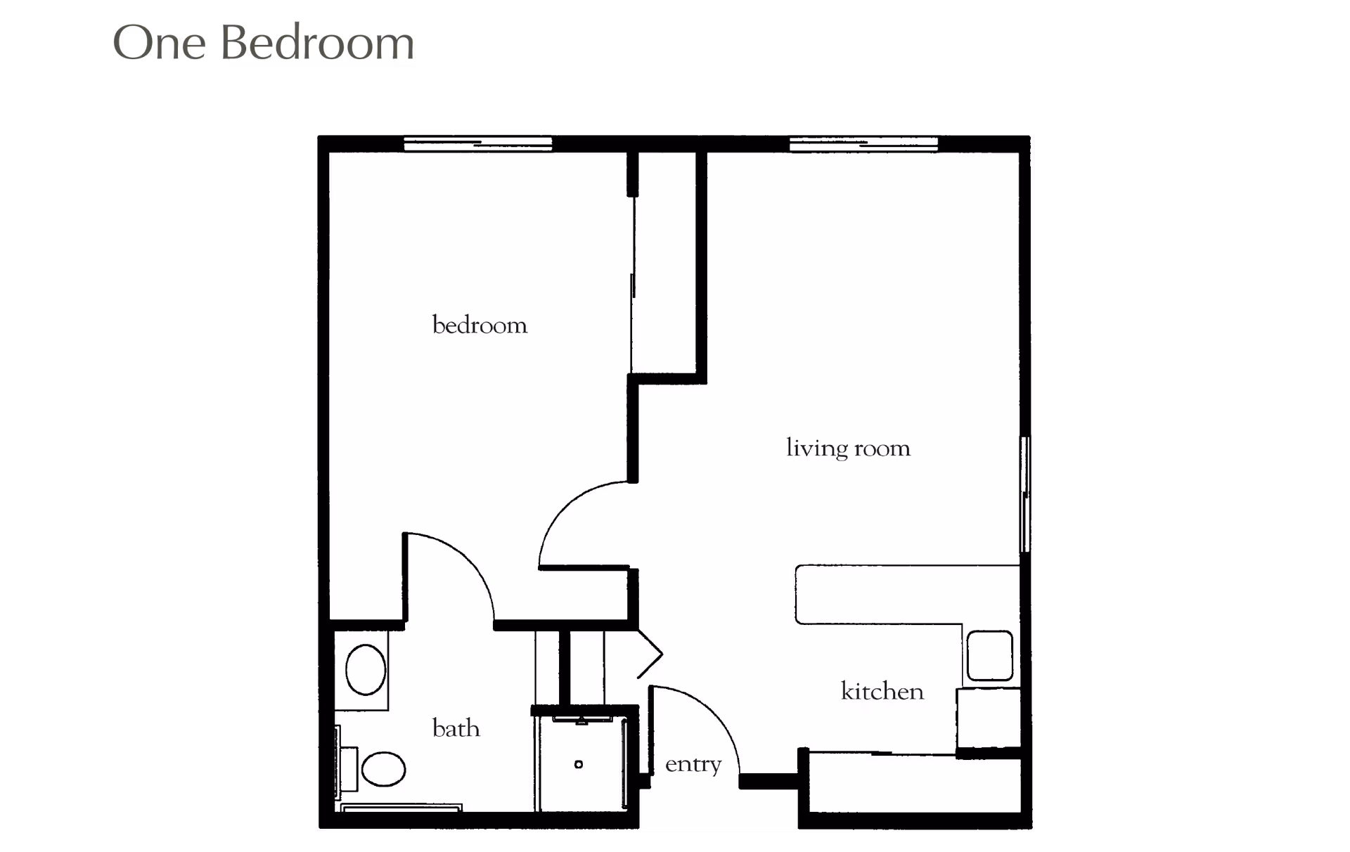 Floor plan layout of a one-bedroom apartment showing a bedroom, living room, kitchen, bathroom, and entry area.