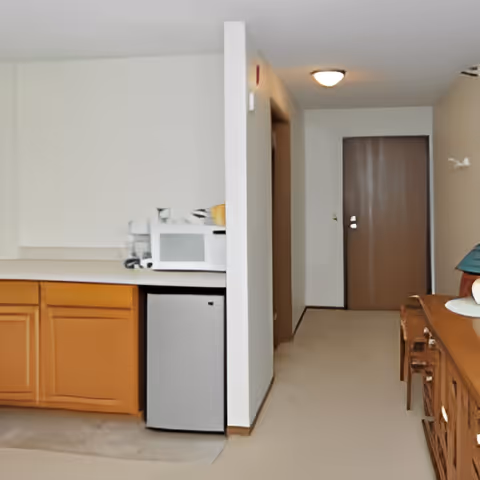 Interior view of a small kitchenette area with wooden cabinets, a countertop holding a microwave, and a mini refrigerator below. Adjacent to the kitchenette is a hallway leading to a closed brown door. On the right side, there is a wooden sideboard with a lamp and some decorative items.
