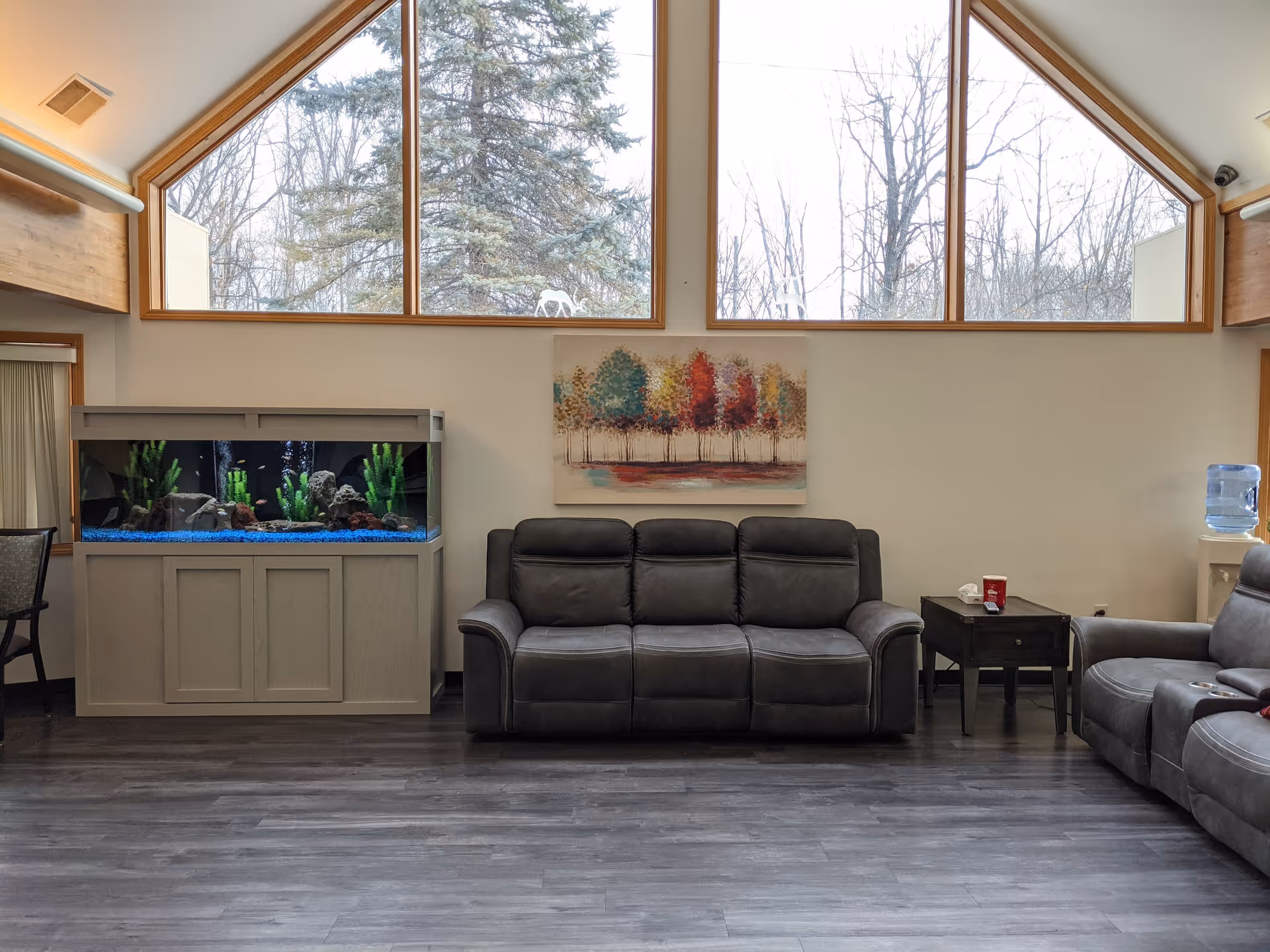 A living room area with a large fish tank on the left, a dark gray leather sofa in the center, and a matching armchair on the right. There is a small dark wooden side table with a red cup and tissues next to the sofa. Above the sofa is a colorful painting of trees. Large triangular windows show a view of leafless trees outside.