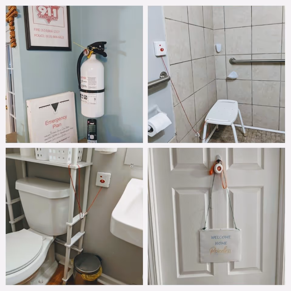A collage of four images showing different parts of a senior care facility bathroom. The top left image shows a fire extinguisher mounted on a light blue wall with an emergency plan and 911 emergency contact numbers framed above it. The top right image shows a tiled shower area with a white shower chair, grab bars, and an emergency pull cord. The bottom left image shows a toilet with a white shelving unit above it, a sink to the right, and an emergency pull cord on the wall. The bottom right image shows a white door with a sign hanging on it that reads 'WELCOME HOME Priceless' and an emergency pull cord attached above the sign.