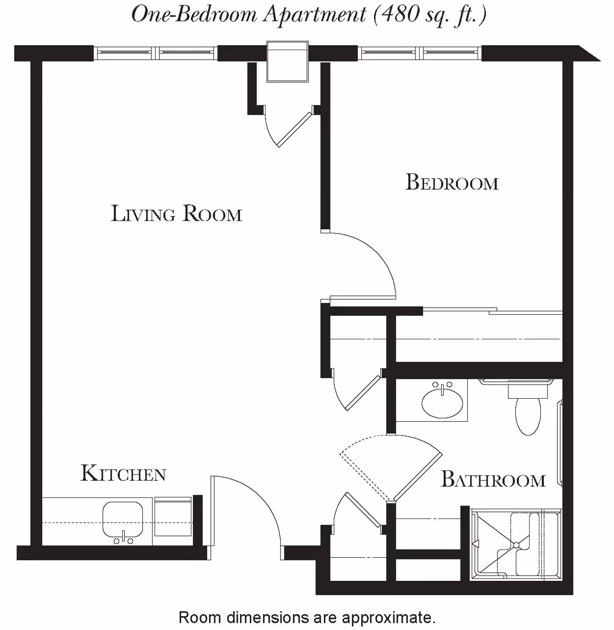 Floor plan of a one-bedroom apartment measuring 480 square feet, showing a living room, bedroom, kitchen, and bathroom with approximate room dimensions.