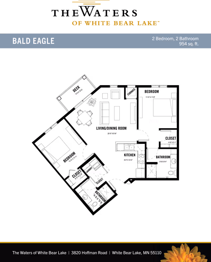 Schematic floor plan titled "Bald Eagle" for a 2-bedroom, 2-bathroom 954 sq. ft. apartment at White Bear Lake.