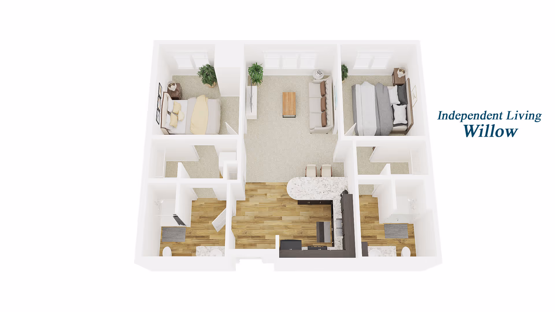 3D floor plan of an independent living apartment named Willow at Clarendale of St. Peters, showing two bedrooms, a living room with a sofa and coffee table, a kitchen with a breakfast bar and stools, and two bathrooms.