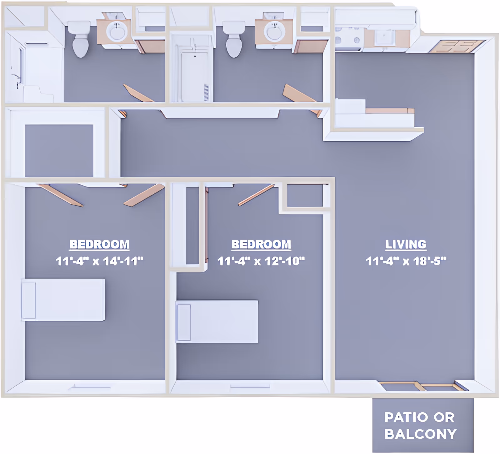 3D floor plan of an apartment with two bedrooms, two bathrooms, a living area, kitchen, and a patio or balcony. The bedrooms are labeled with dimensions 11'-4" x 14'-11" and 11'-4" x 12'-10". The living area is labeled 11'-4" x 18'-5". The layout shows doors, sinks, toilets, and kitchen appliances.