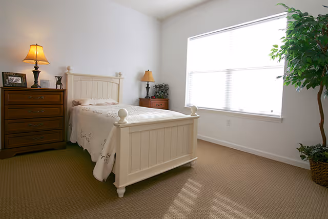 A bright bedroom with a white wooden bed frame and a white bedspread. There are two wooden nightstands on either side of the bed, each with a lamp. A large window with blinds lets in natural light, and a potted plant is placed in the corner near the window.