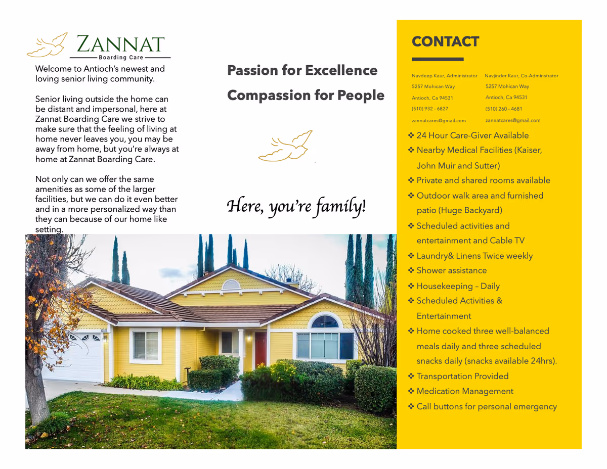 Brochure for Zannat Boarding Care, a senior living community in Antioch, CA. The brochure features a yellow house with a well-maintained lawn and trees in the background. The text highlights the facility's personalized care, amenities, and contact information for administrators. Key services include 24-hour caregiver availability, nearby medical facilities, private and shared rooms, outdoor walk area, scheduled activities, housekeeping, home-cooked meals, transportation, medication management, and emergency call buttons.