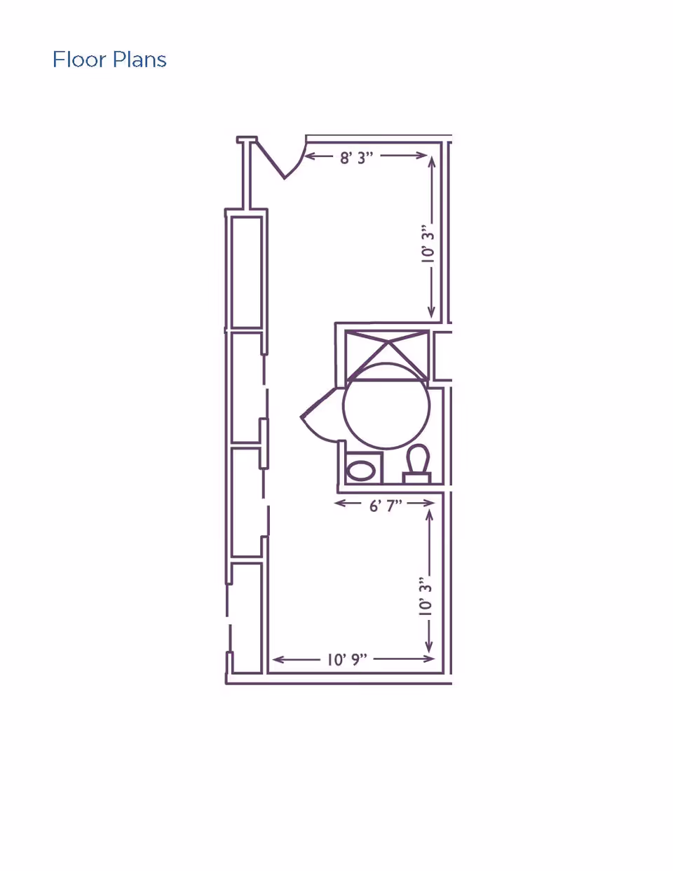 Architectural floor plan showing a layout with dimensions. The plan includes a main room measuring 10 feet 9 inches by 10 feet 3 inches, an adjacent smaller room measuring 8 feet 3 inches by 10 feet 3 inches, and a bathroom area with a toilet, sink, and shower. The layout is drawn with purple lines on a white background.