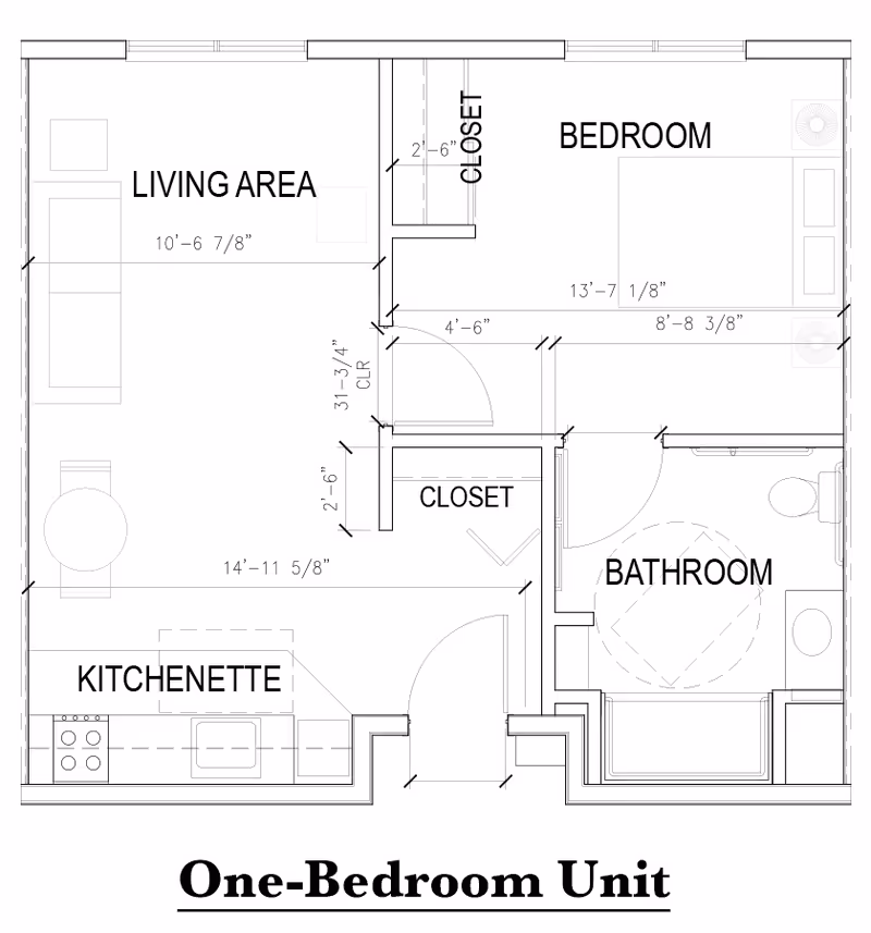 Architectural floor plan of a one-bedroom unit at Glasswater Creek of Lafayette showing a living area, kitchenette, bedroom, bathroom, and closets with dimensions.