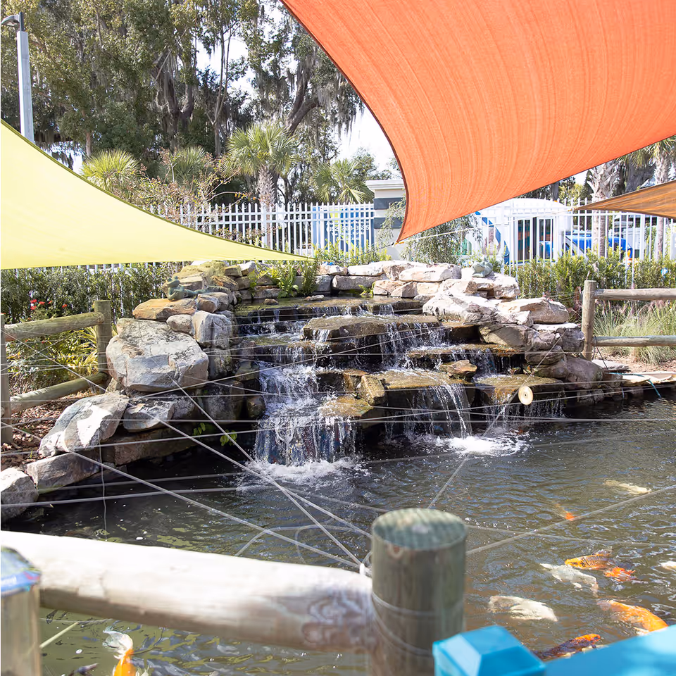 Outdoor pond with a small cascading waterfall surrounded by rocks and wooden fencing. Colorful shade sails in orange and yellow are stretched overhead. There are trees and bushes in the background along with a white fence.